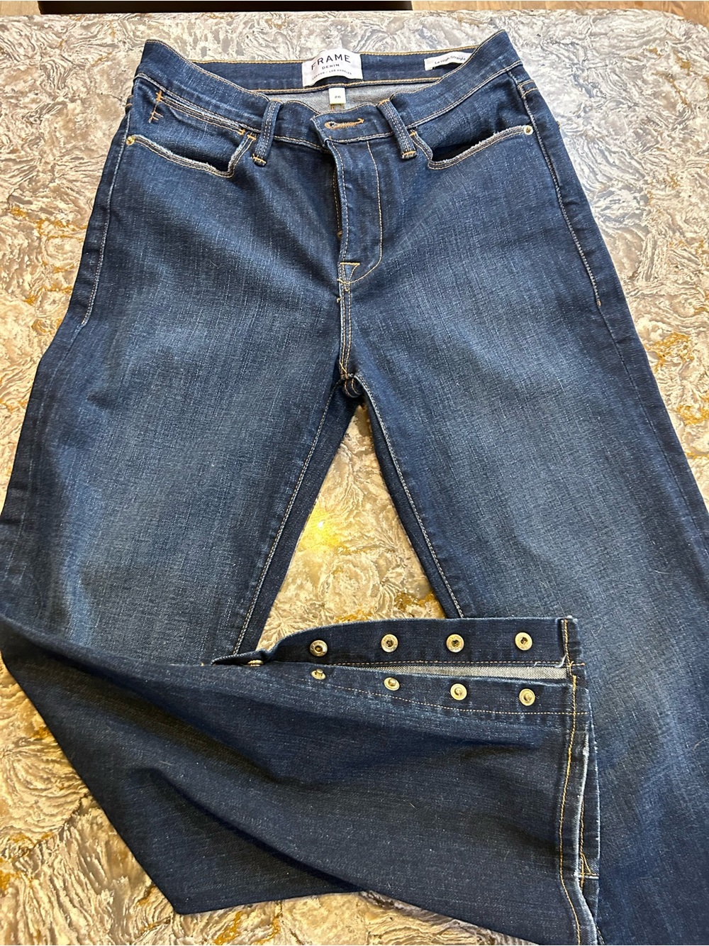 Frame Denim Indigo Straight-Leg Jeans with Button Hem